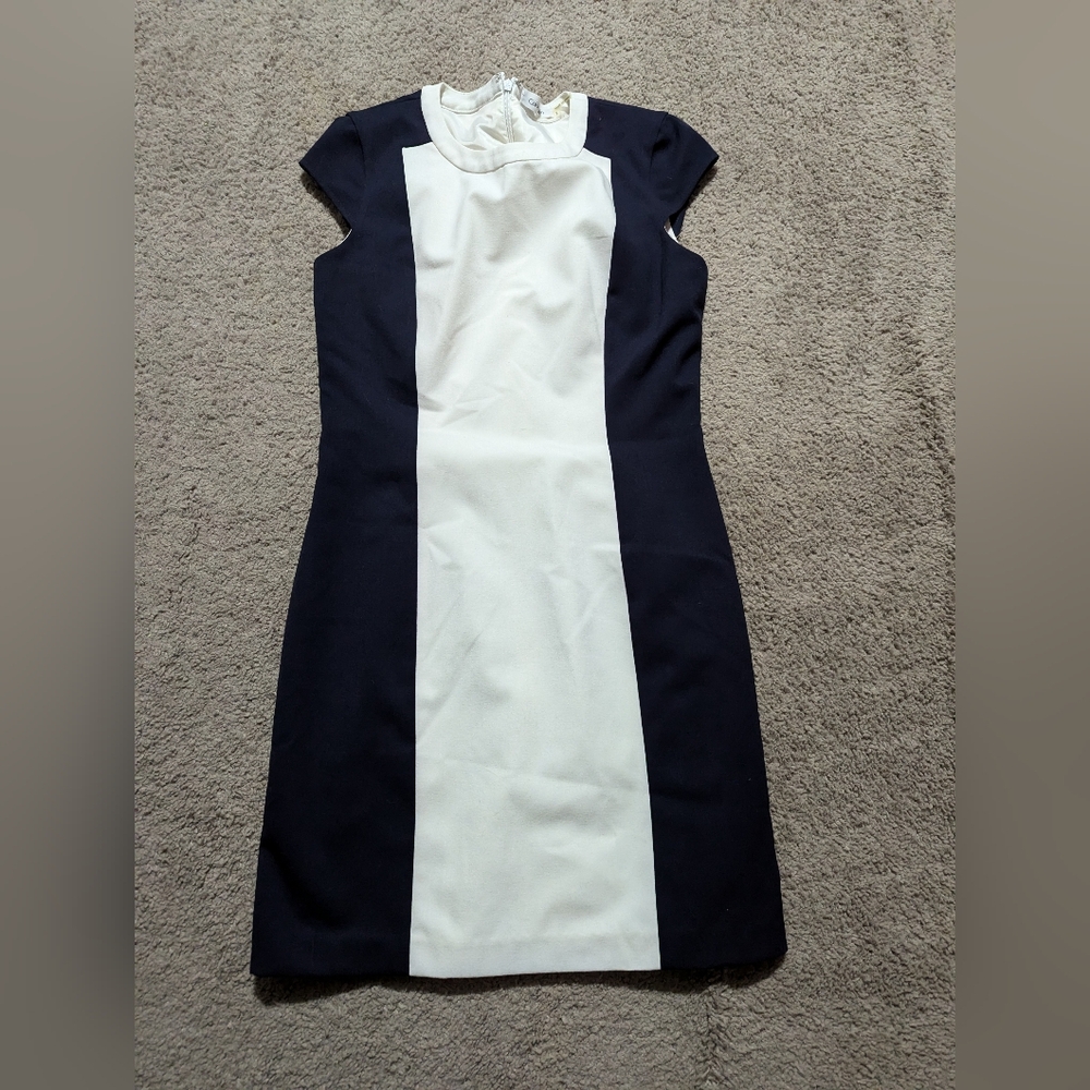 Blue and White Sleeveless Sheath Mini Dress with Mock Neck for Cocktail